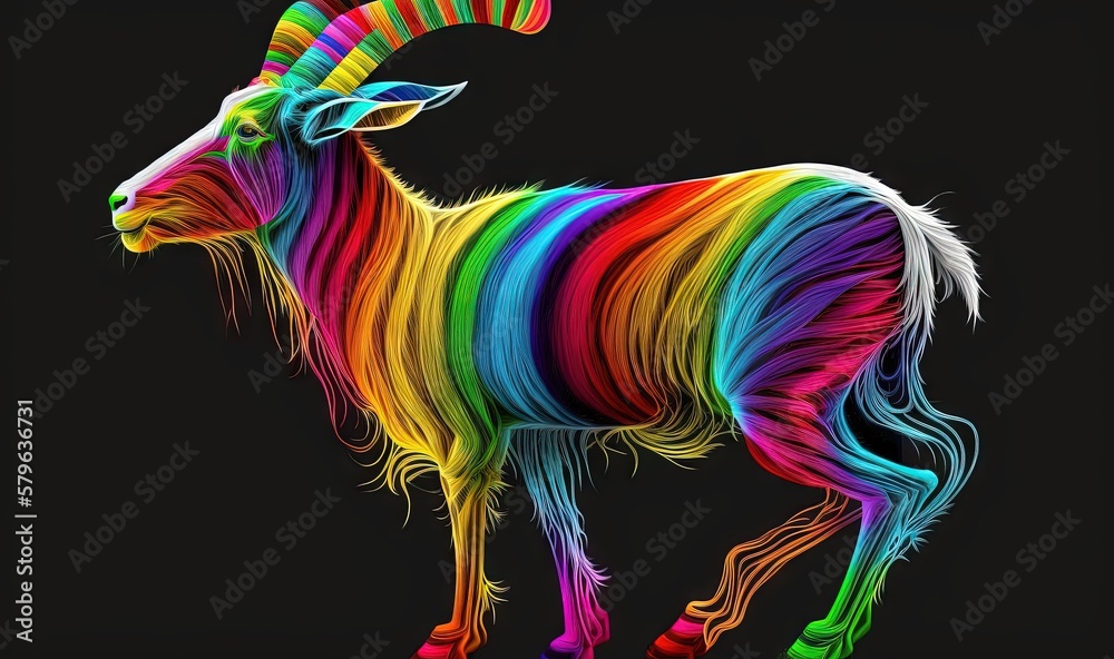 a rainbow colored goat standing on a black background with a black ...