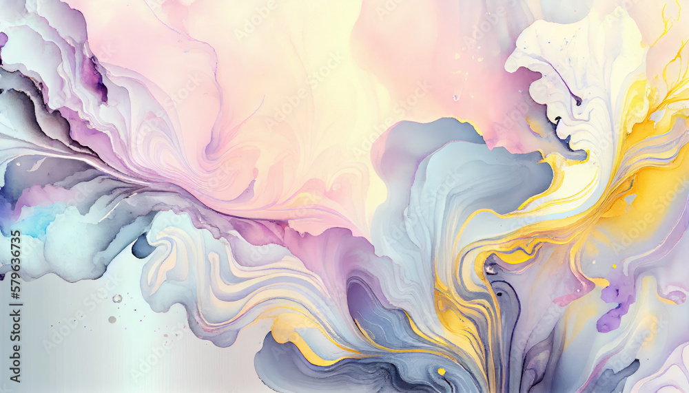 Fototapeta premium Abstract watercolor background. Colour waves in Pastel color, pink, blue, white, yellow and purple color splash, batik style. Abstract luxury backdrop. Generative ai drawing in watercolor style