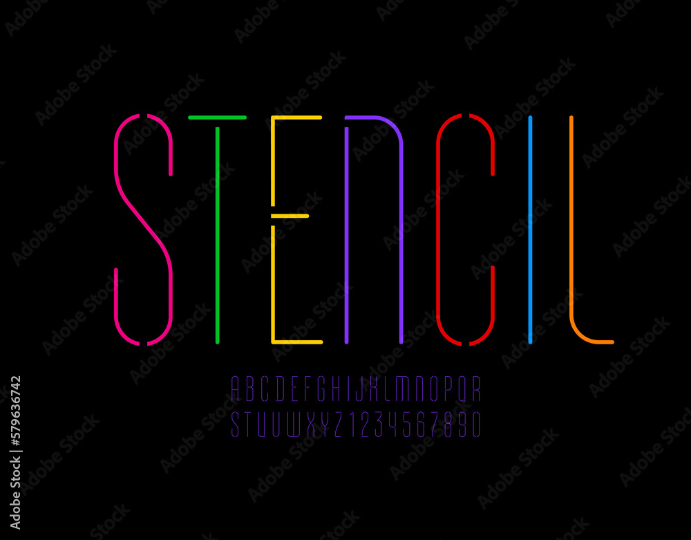 Font from ultra thin line, stencil narrow alphabet, modern condensed letters and numbers, vector illustration 10EPS Font from ultra thin line, stencil narrow alphabet, modern condensed letters and numbers, vector illustration 10EPS