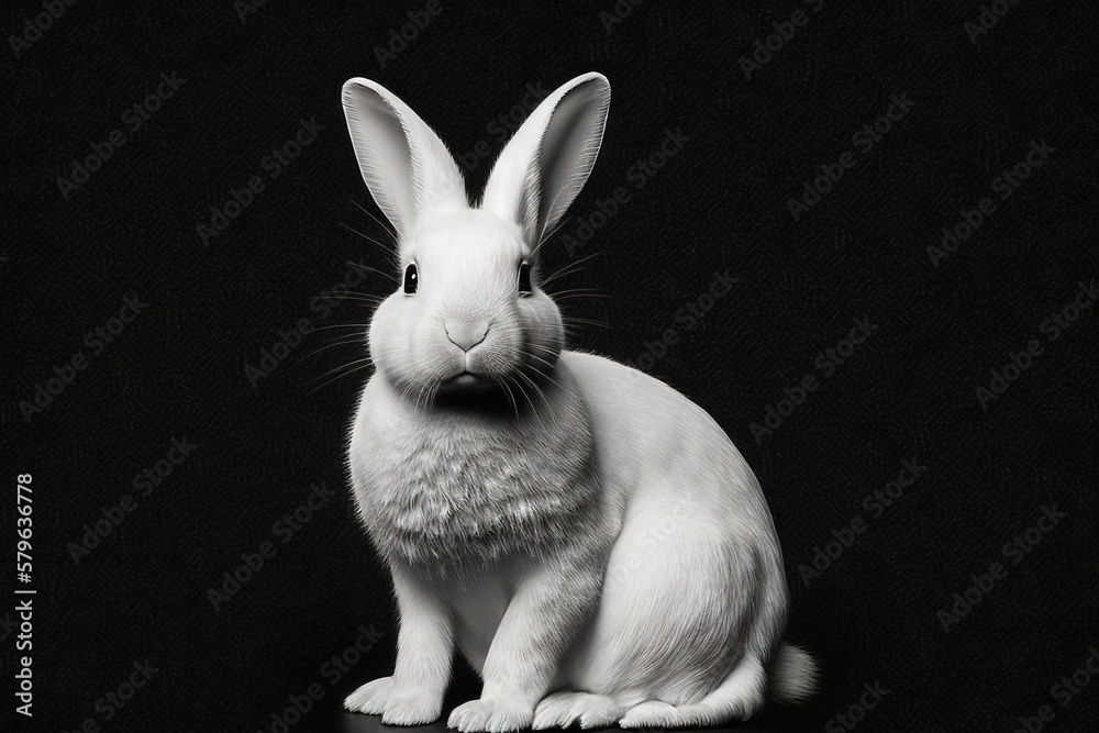 a white rabbit sitting on top of a black table next to a black wall and ...