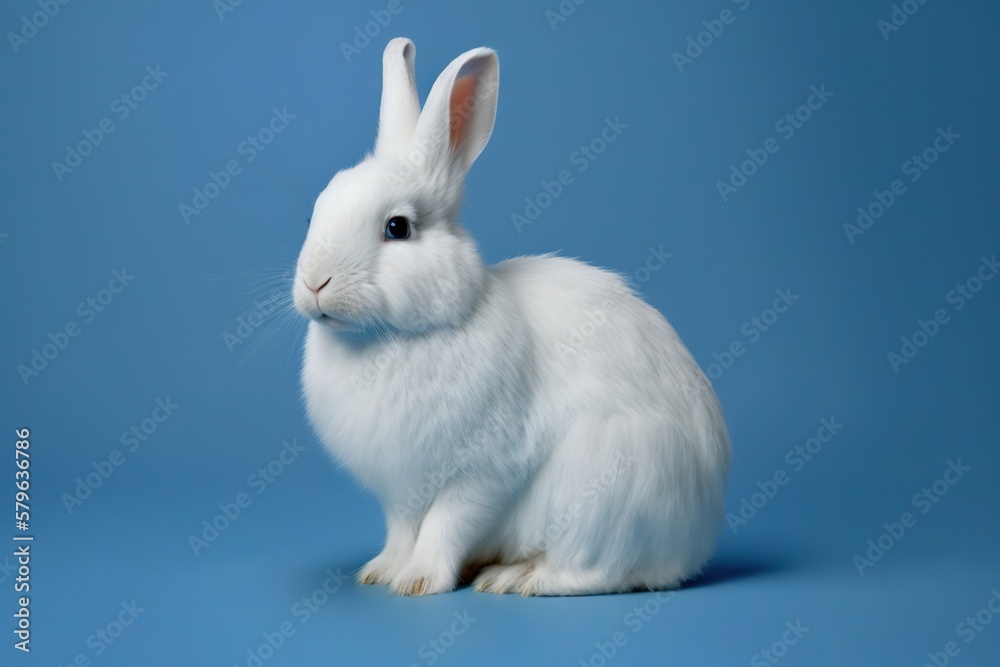  a white rabbit sitting on top of a blue background with a blue background and a white rabbit sitting on top of it's head.  generative ai