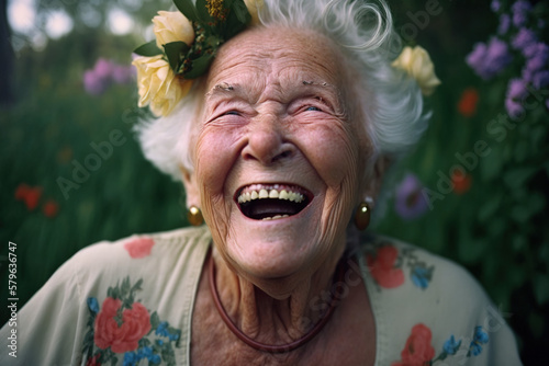 Happy old woman smiling. Portrait of a beautiful lady over 70 laughing with flowers on her head. Old granny grandmother woman. Concepts about the elderly. generative ai.
