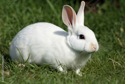  a white rabbit sitting in the grass looking at the camera with a curious look on its face and ears, with a black eye and white ear.  generative ai