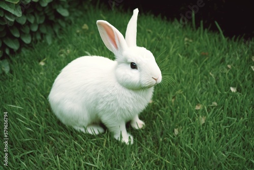  a white rabbit sitting on top of a lush green grass covered field next to a bush with leaves on it's sides and one ear. generative ai