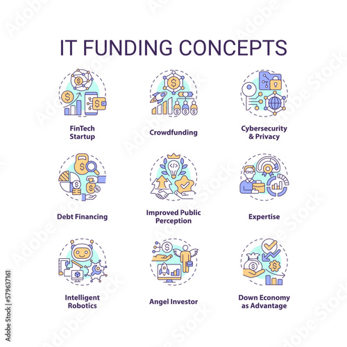 IT funding concept icons set. Financial resources for digital industry idea thin line color illustrations. Isolated symbols. Editable stroke. Roboto-Medium, Myriad Pro-Bold fonts used