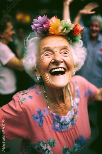 Happy old woman smiling. Portrait of a beautiful lady over 70 laughing and dancing with flowers on her head. Old granny grandmother woman. Concepts about the elderly. generative ai