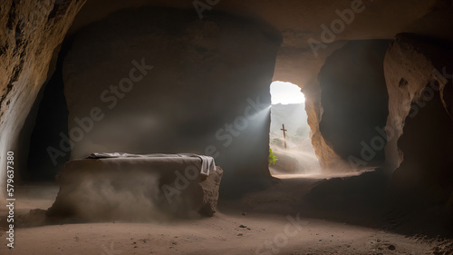 Fotografia A cave with a round stone and a cross in the background