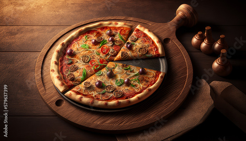 close-up photography Pizza on wooden plate with table