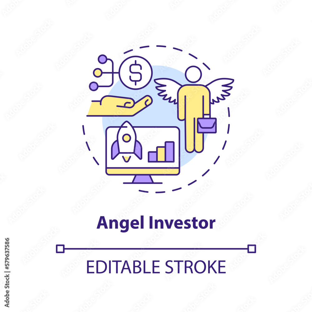 Angel investor concept icon. Engage sponsors. Tech startup financing option abstract idea thin line illustration. Isolated outline drawing. Editable stroke. Arial, Myriad Pro-Bold fonts used
