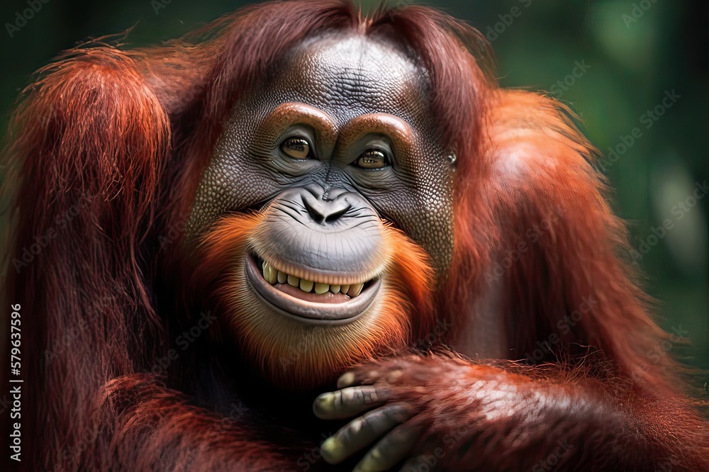 Portait of funny Orangutan, keep Smiling. Photo generative AI