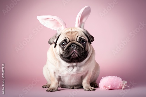 Cute bunny-styled pug on pink backdrop. Photo generative AI © pixardi