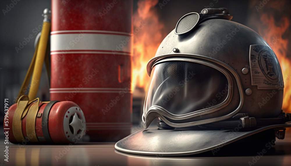 Fototapeta premium Fire Extinguisher and Firefighter Helmet with Flames in Background - Essential Safety Gear in Action