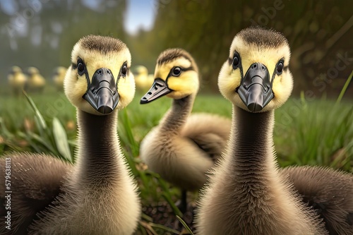 Funny portrait of inquisitive goslings and family. Photo generative AI photo