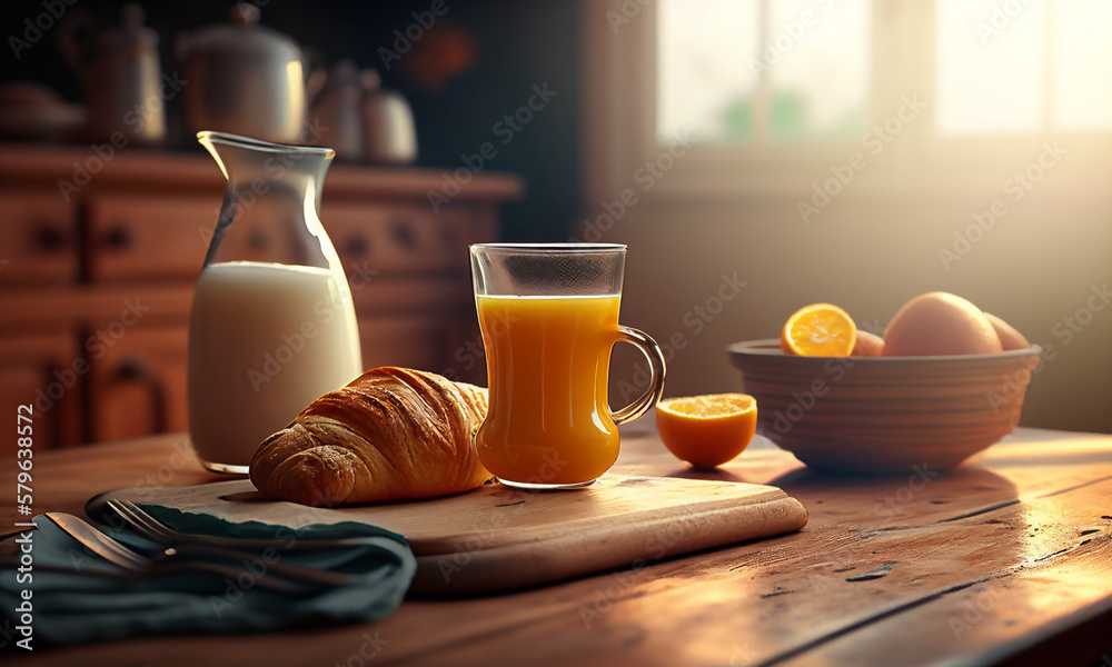 Morning breakfast with orange juice and croissant on a table top. Generative AI. Morning breakfast with orange juice and croissant on a table top. Generative AI.