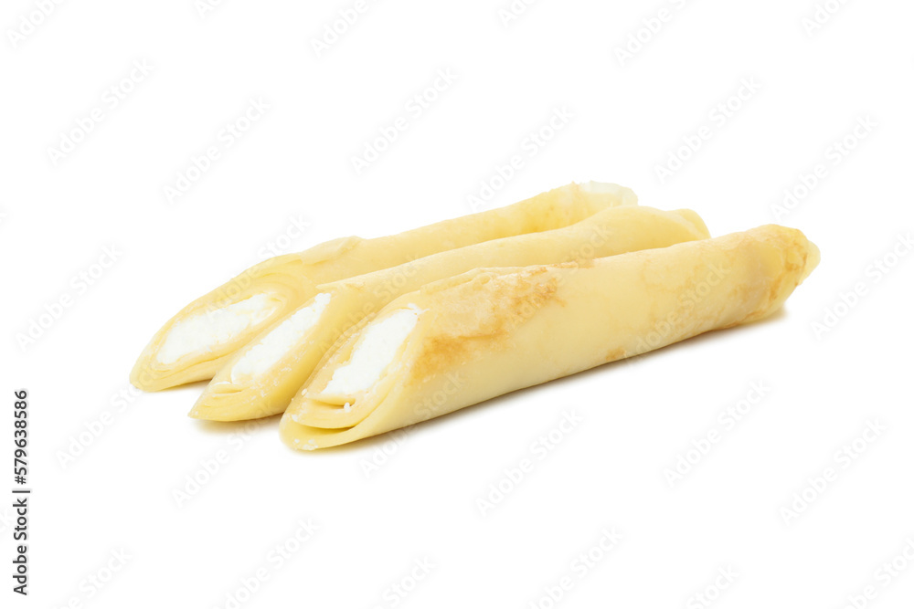 Concept of tasty food, thin pancakes with filling, isolated on white background Concept of tasty food, thin pancakes with filling, isolated on white background