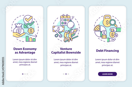 Fundraising tips onboarding mobile app screen. IT industry financing walkthrough 3 steps editable graphic instructions with linear concepts. UI, UX, GUI template. Myriad Pro-Bold, Regular fonts used