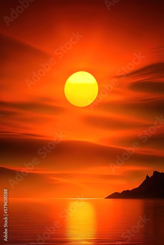 Orange landscape illustration. Sun at sunset. Ai generative.