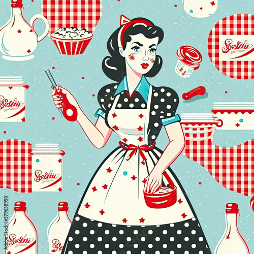 50s housewife in the kitchen. Vintage kitchen illustration. Generative AI.