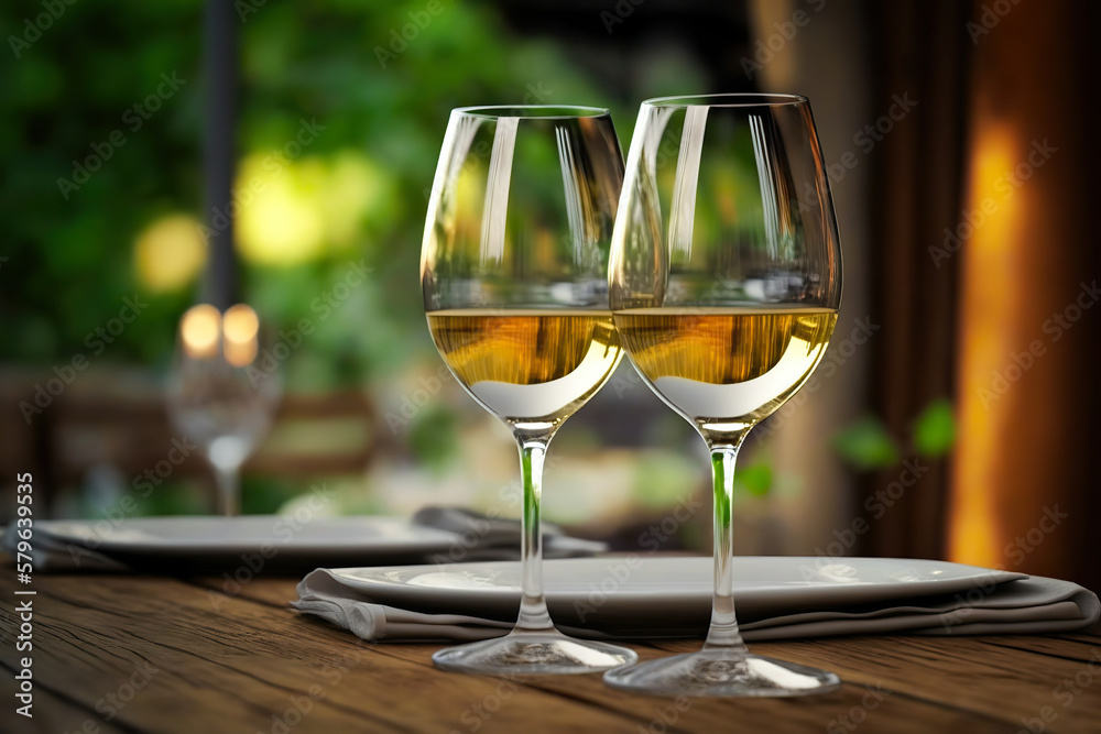 Two glasses with white wine on a table in a restaurant. generative AI