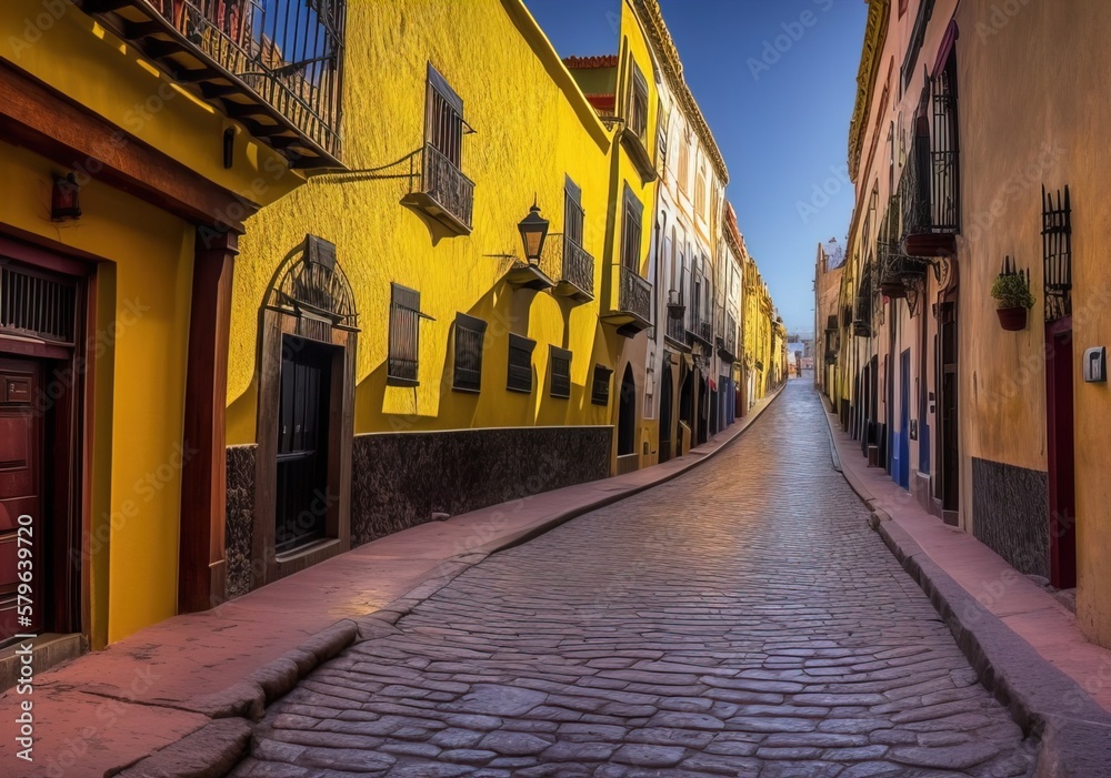 Obraz premium Mexican street, Guanajuato, Narrow street country, Street in the town, Mexican Downtown, old street in the town country, Mexican town, Generative AI