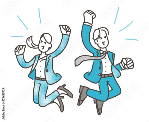 Young male and female businessperson jumping for joy after success at work [Vector illustration].