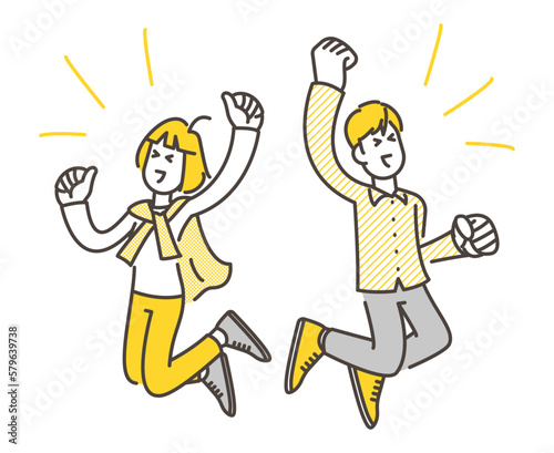 Young couple smiling and jumping for joy [Vector illustration].