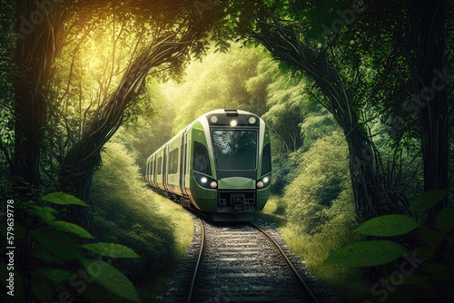 A modern train emerges from a lush, sunlit forest.