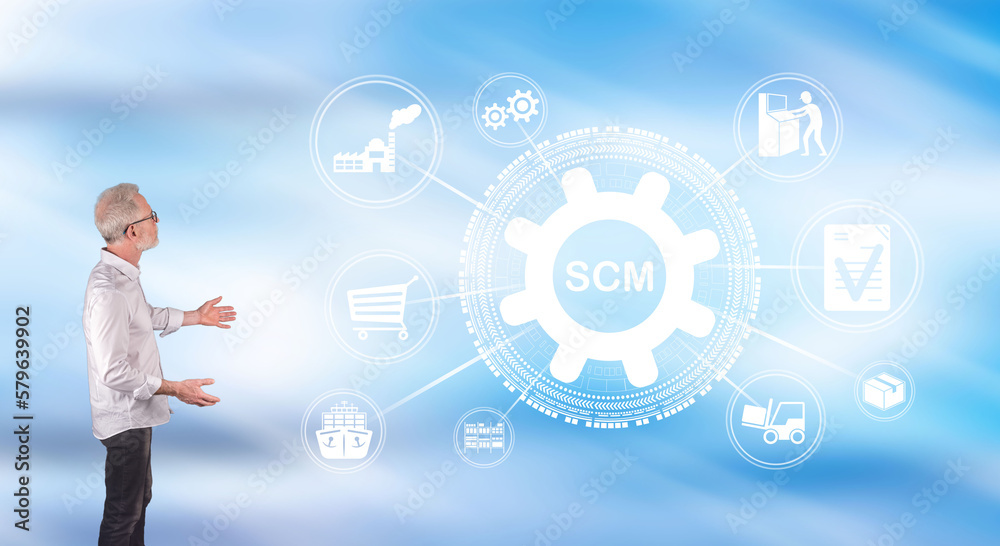 A scm concept explained by a businessman on a wall screen