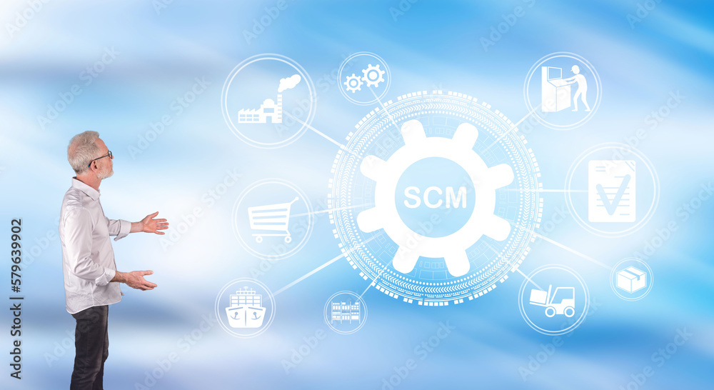 A scm concept explained by a businessman on a wall screen A scm concept explained by a businessman on a wall screen