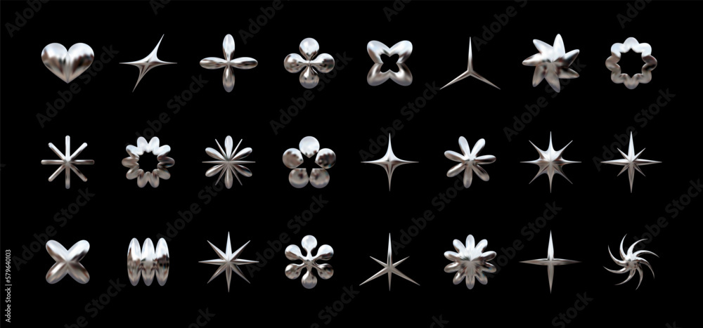 Y2K chrome elements for design - stars, flowers, and other simple geometric shapes. Trendy collection of vector abstract figures with a shiny metallic effect - obrazy, fototapety, plakaty 