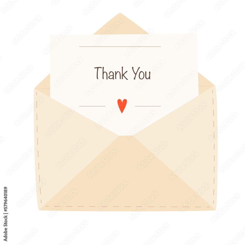 Mail envelope with a sheet of paper with the inscription Thank you and a heart. Illustration on transparent background - obrazy, fototapety, plakaty 