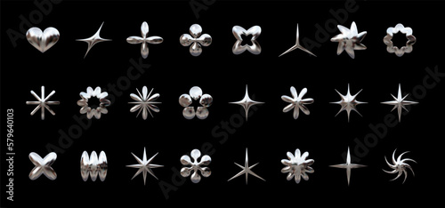 Y2K chrome elements for design - stars, flowers, and other simple geometric shapes. Trendy collection of vector abstract figures with a shiny metallic effect photo