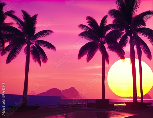 Vaporwave summer, Illustration with sun and palm trees, Tropical sunset with trees, Palm trees at sunset, Sunset over the sea, Palm trees on the beach, Generative AI