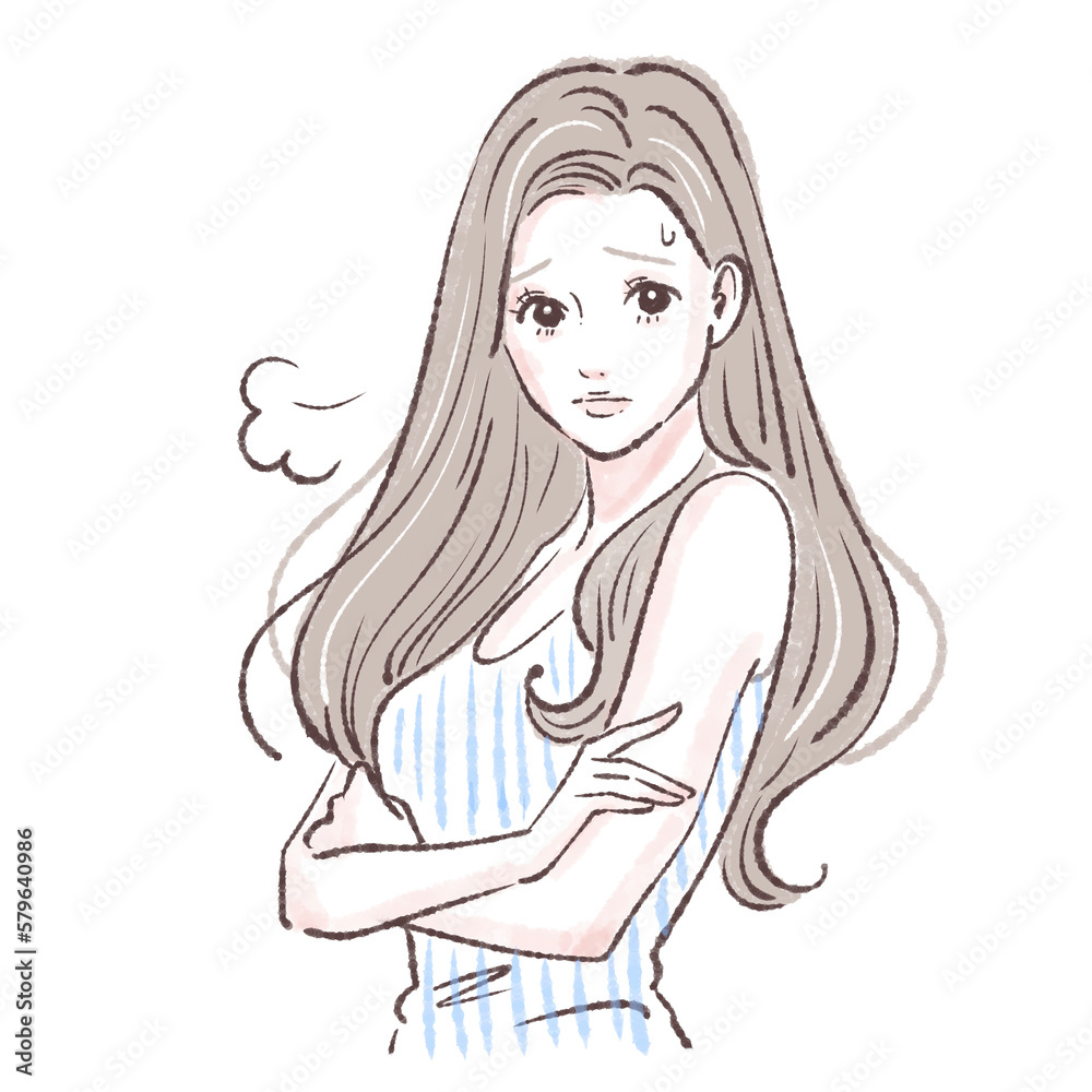 女性のイラスト素材/ため息/悩み/残念/汗/落ち込み/落ち込む/悲しい/