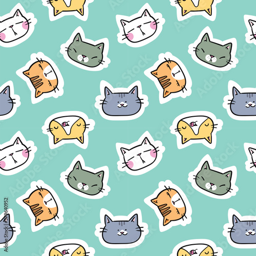 Seamless Pattern with Cartoon Cat Face Design on Green Background