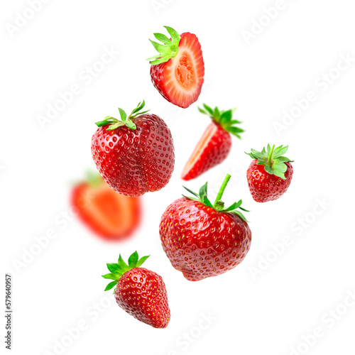 Strawberry cut out pattern. Ripe fresh flying red strawberry isolated on white background. With clipping path. Summer delicious sweet berry organic fruit, food, diet, vitamins, creative layout