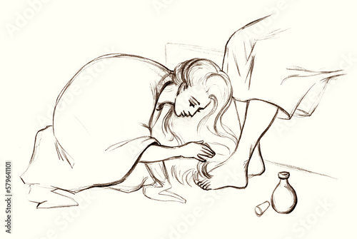 A woman washes the feet of Christ. Pencil drawing