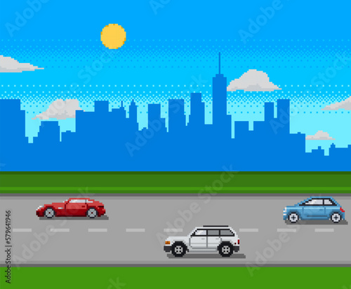 Flat pixel cartoon style of urban landscape street with cars, skyline city office buildings. Pixel art 8 bit. Cars on the road. Vector illustration.