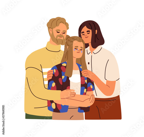 Family support, care concept. Mother, father comforting crying sad daughter. Supportive parents, teenager child helping each other in difficulty. Flat vector illustration isolated on white background