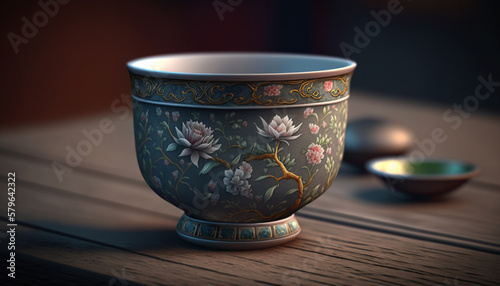raditional Chinese Tea Cup Setting with Decorative Elements