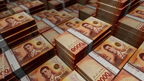 Thai Baht 1000 THB banknote pack pile loop. Flying over money stack Thailand note. 3D Abstract concept of business, economy, finance, crisis and banking. Seamless looped.