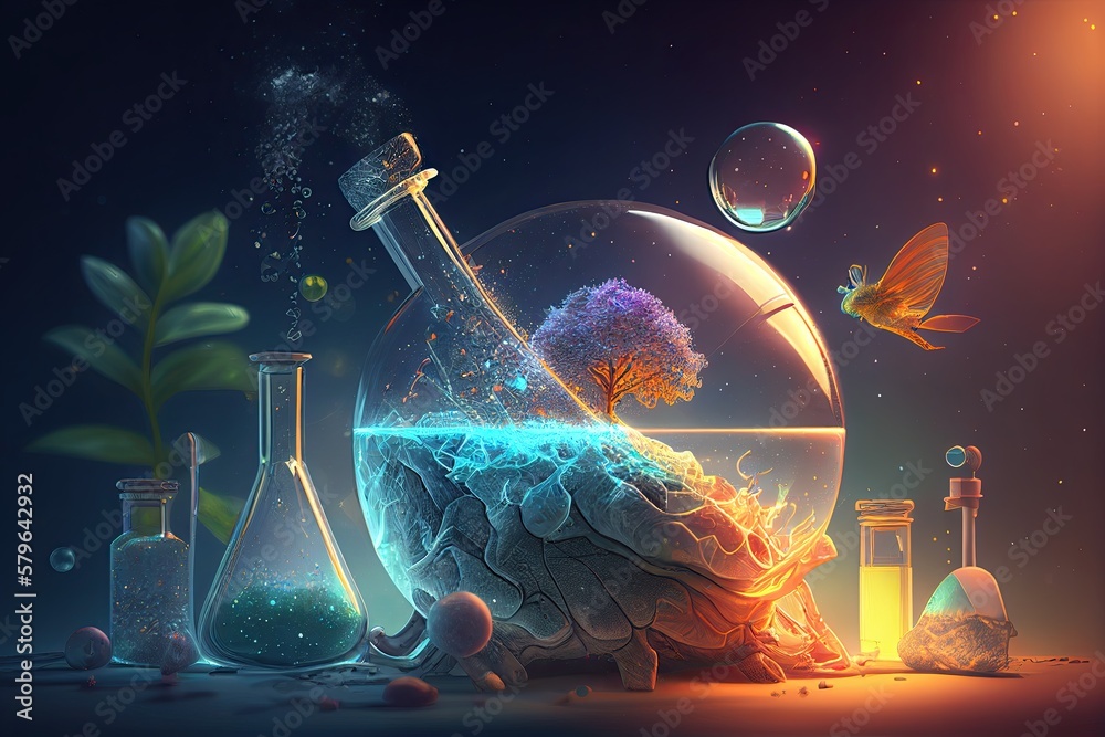 Science background illustration, scientific design. Flasks, glass