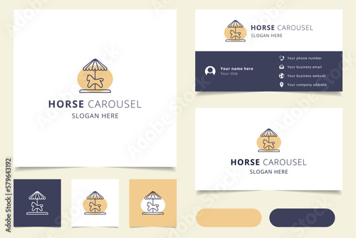 Horse carousel logo design with editable slogan. Branding book and business card template.