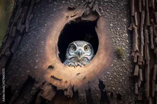 Northern hawk-owl peering from tree hole. Photo generative AI