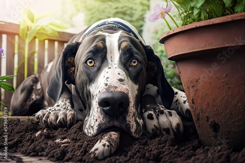 Playfull Dog Digging Up Garden flower. Photo generative AI Fototapeta