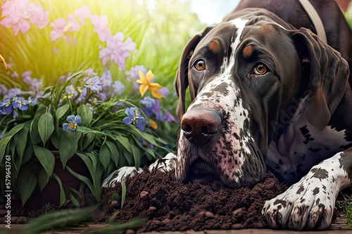 Slika na platnu Playfull Dog Digging Up Garden flower. Photo generative AI