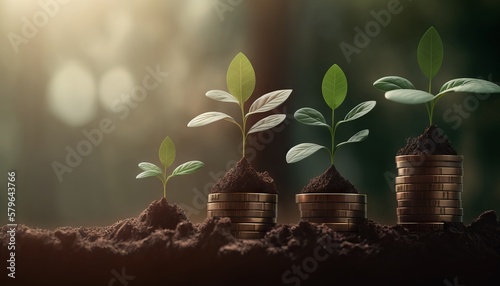 Growing plants on coins stacked on green blurred backgrounds and natural light with financial ideas. Generative ai