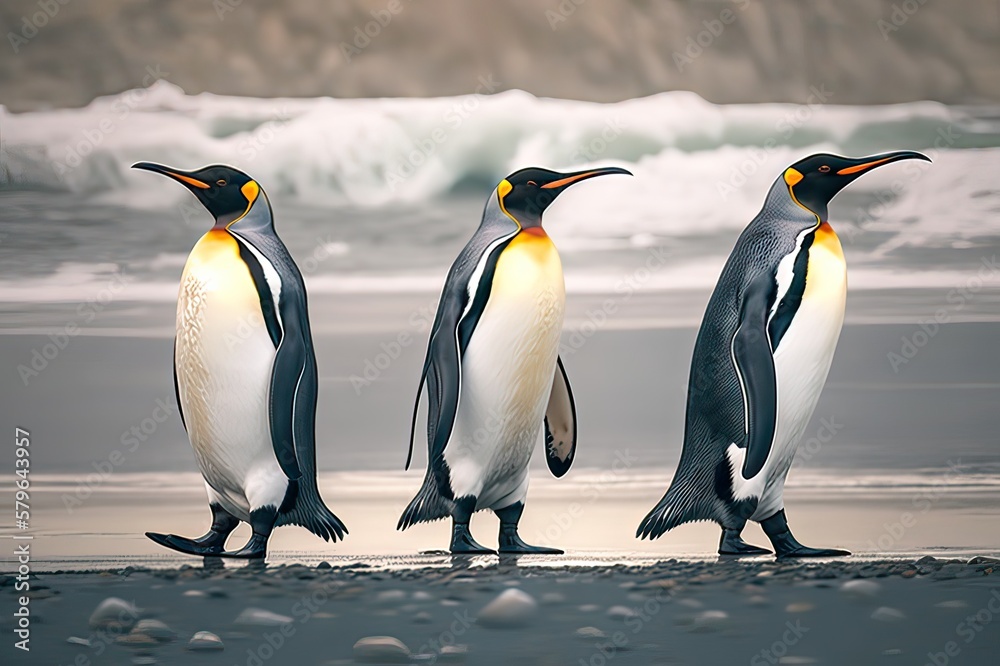 Obraz premium Three Kings Penguins on Beach. Photo generative AI