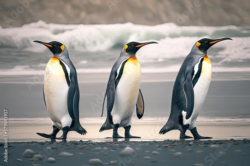 Three Kings Penguins on Beach. Photo generative AI
