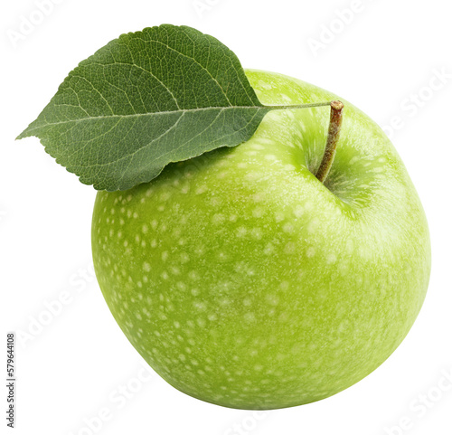 Fototapete One ripe green apple fruit with green leaf isolated on transparent background